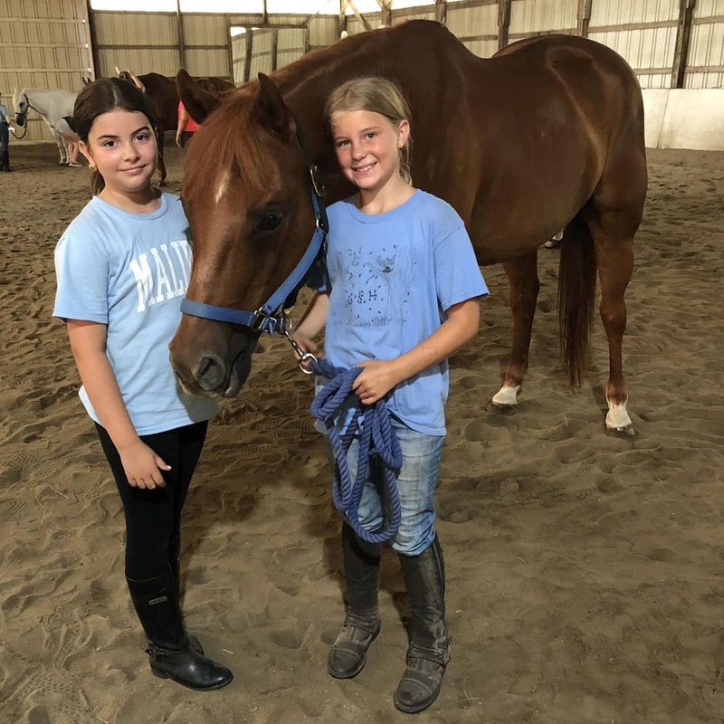 two girls leading a horse in an indoor arena